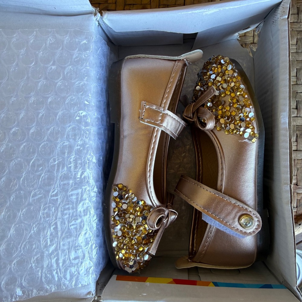 Shao Mary Jane Flats Kids Size 27 Rose Gold Sequin Bow Dress Shoes Sparkly Bling - Picture 7 of 7